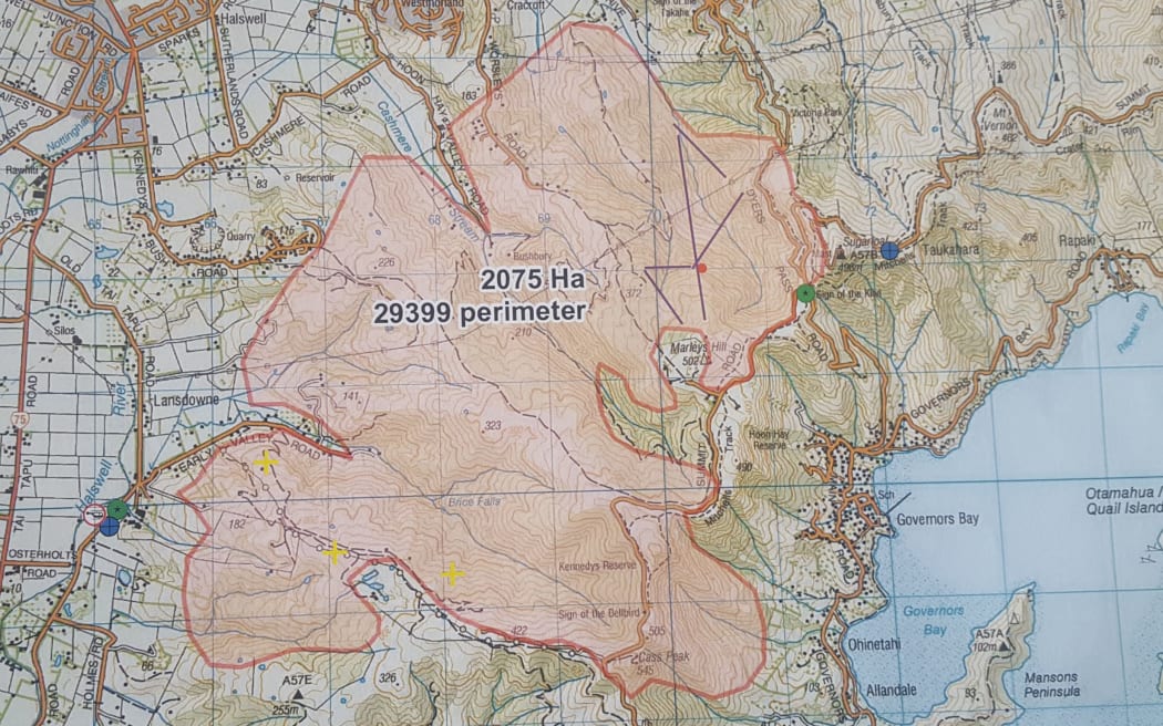 A map showing the full extent of the Port Hills fire.