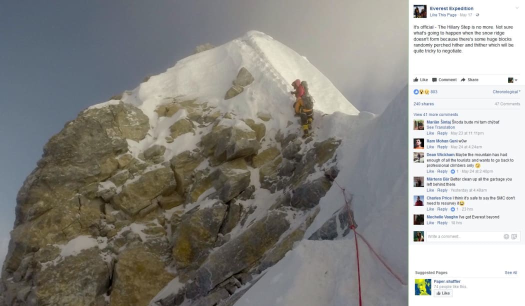 British mountaineer Tim Mosedale posted on Facebook after scaling the mountain that the step was gone.