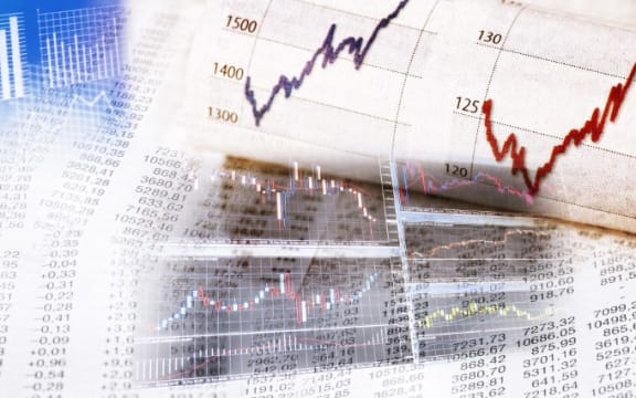Stock prices as graph and table with magnifying glass and monitor in panorama format