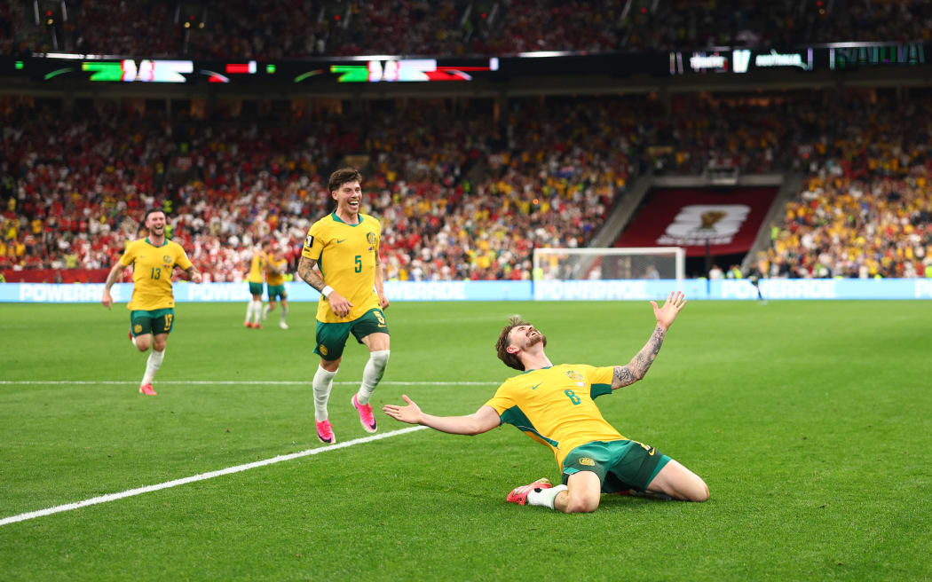 VANCOUVER, BRITISH COLUMBIA - JUNE 13: Connor Metcalfe #8 of Australia celebrates scoring his team’s second goal during the FIFA World Cup 2026 Group D match between Australia and Türkiye at BC Place Vancouver on June 13, 2026 in Vancouver, British Columbia. (Photo by Dean Mouhtaropoulos/Getty Images)