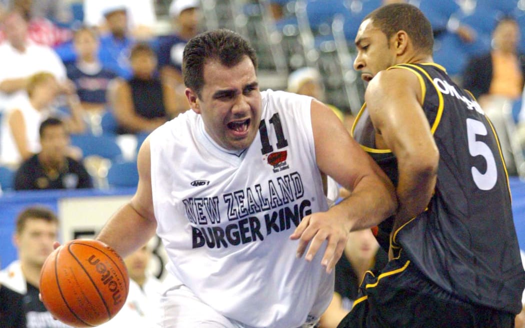 Forward Pero Cameron of  New Zealand during their game with Germany at the RCA Dome, Indianapolis, IN, USA during the World Basketball Championships 2002. 
Pic: Photosport/ AJ Mast/Icon SMI