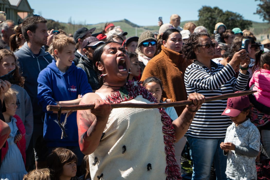 Hau kainga welcome on the waka crew at the mass powhiri in Gisborne.