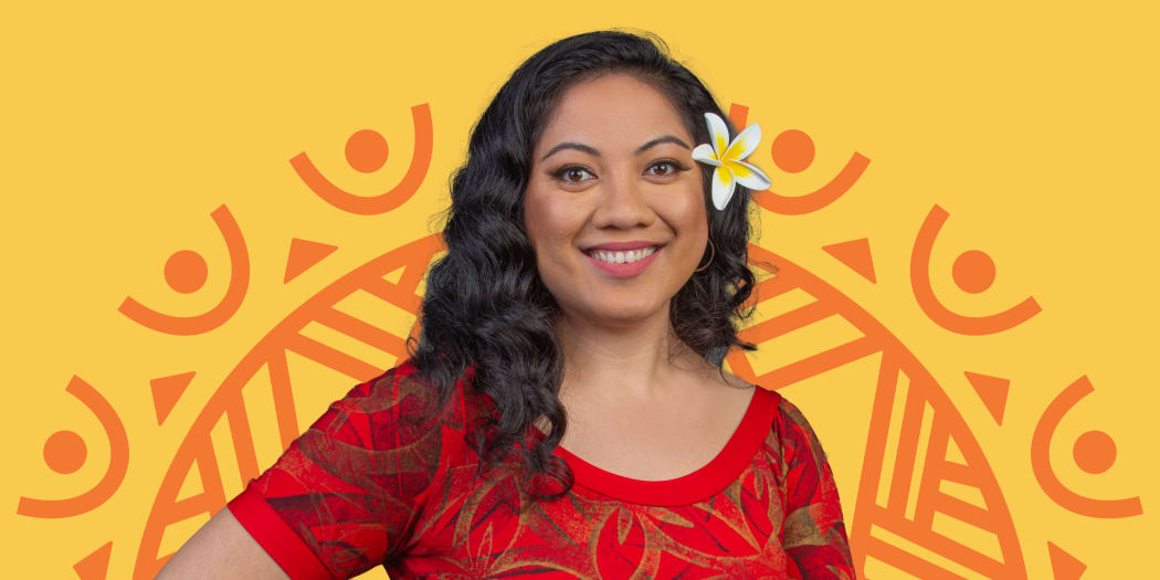 An illustrated motif representing people from the Pacific gathered around a sun sits behind a photographic portrait of Susana Suisuiki.