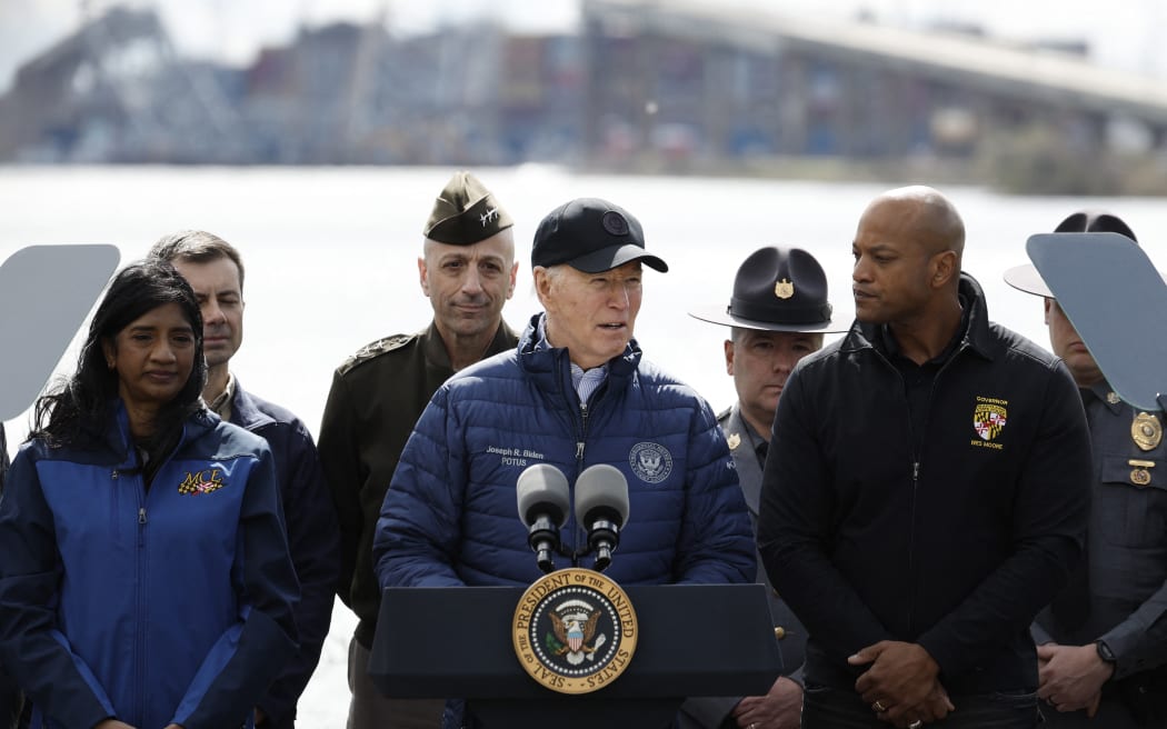 US President Joe Biden speaks near the site of the collapsed Francis Scott Key Bridge, on 5 April, 2024 in Baltimore.