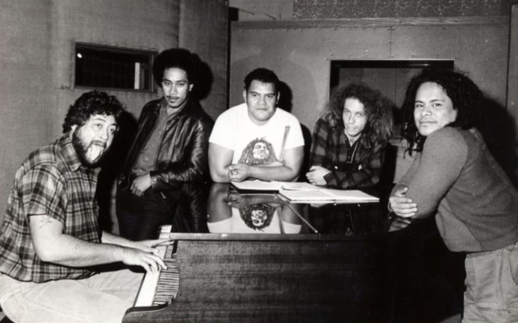 Herbs in Mascot Studios, circa 1980. Left to right: Dilworth Karaka, Spencer Fusimalohi, Fred Faleauto, Phil Toms, Toni Fonoti.
