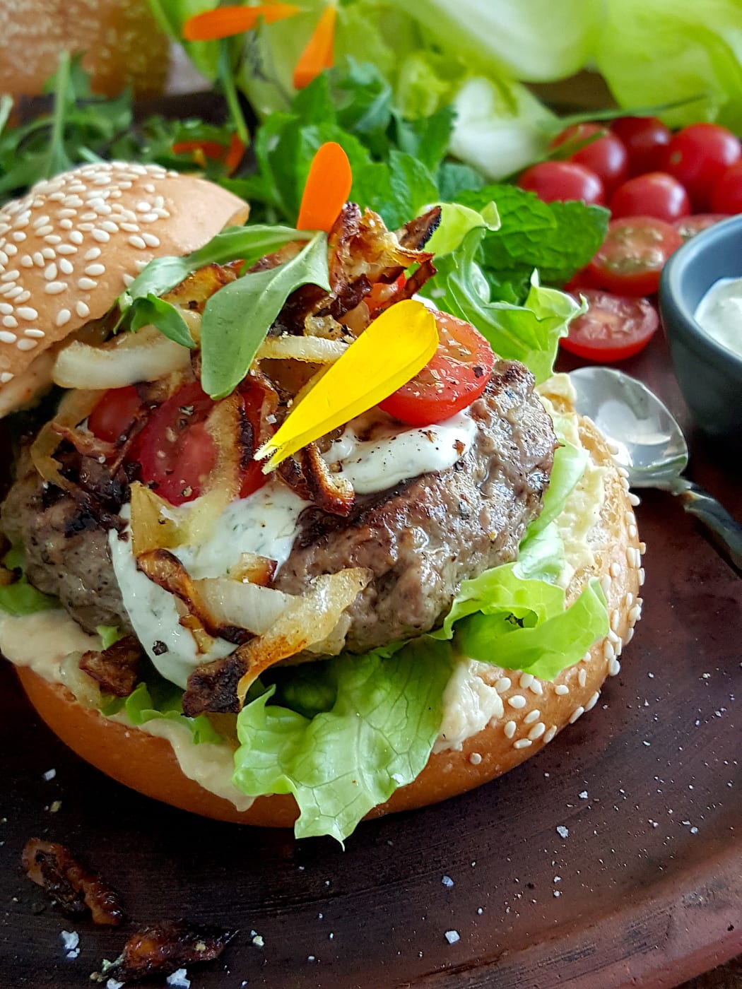 Greek Lamb Burger with Creamy Feta Dressing