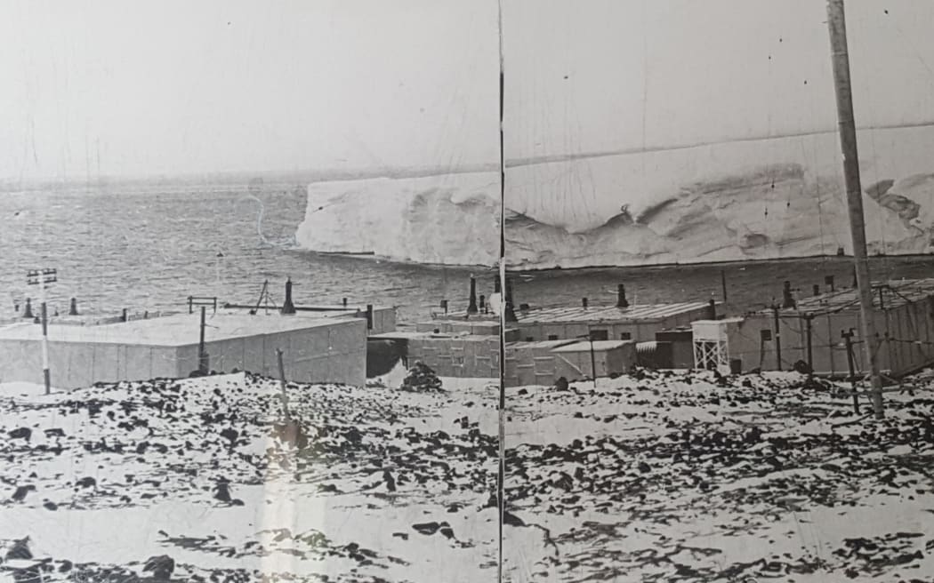 A photo of the original Scott Base built in 1957. The glacier in the background no longer exists.