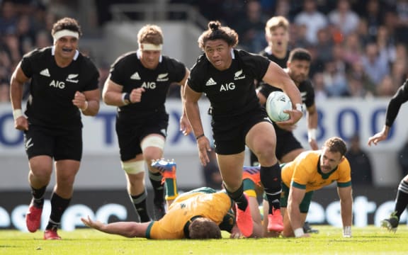 All Blacks winger Caleb Clarke during the 2nd Bledisloe Cup test match between the New Zealand All Blacks and Australia - Eden Park, Auckland, New Zealand.