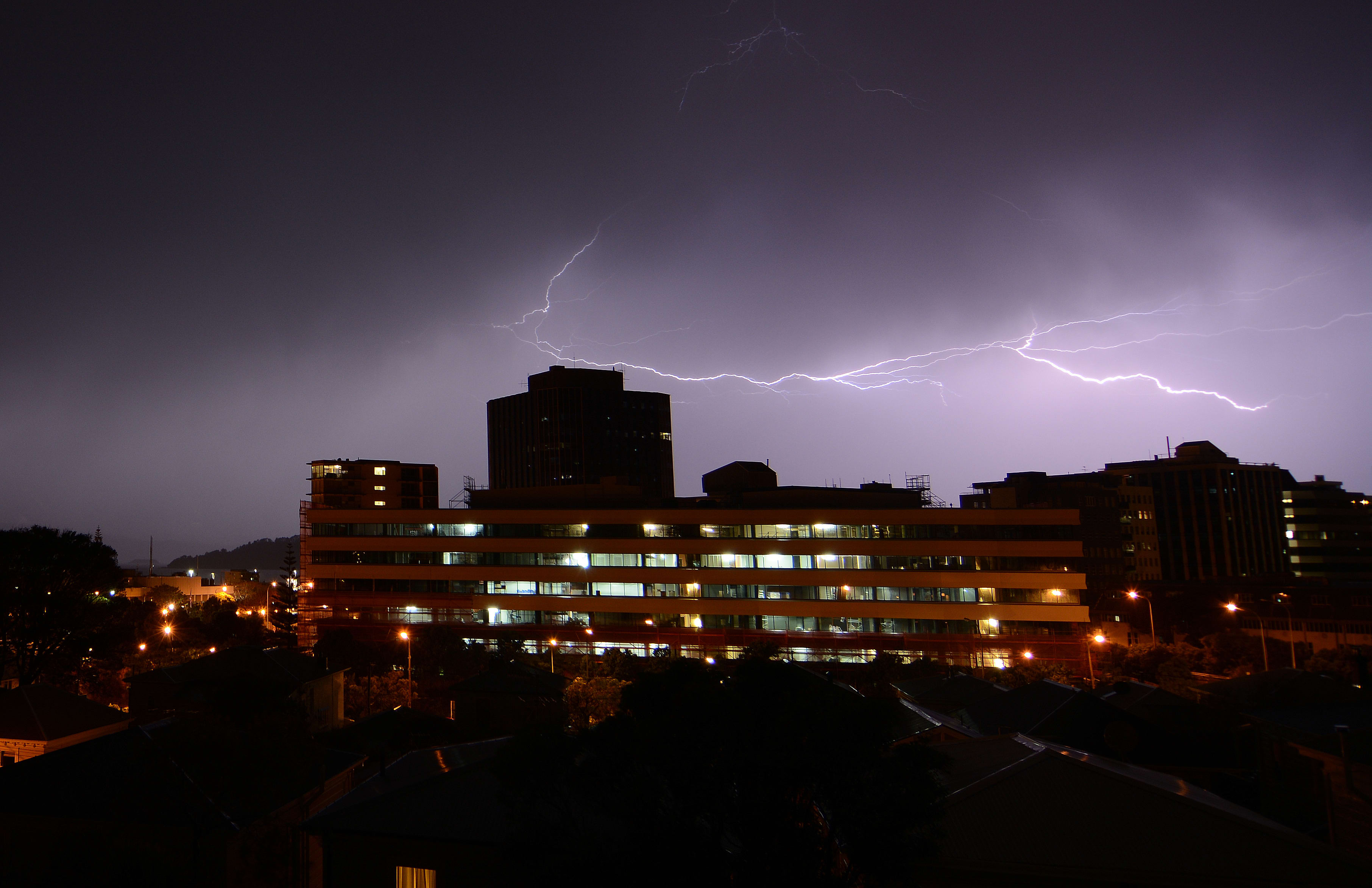 Lightning flash over a multi-storey building in Molesworth St, Wellington.