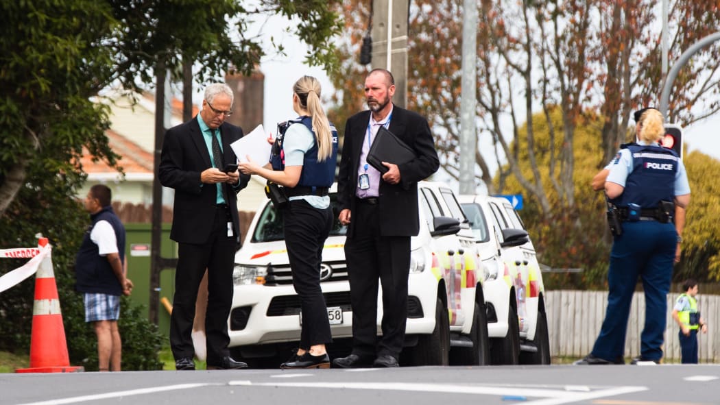 Police at the scene of a homicide investigation May Road Mt Roskill. A woman was found with critical injuries at the property on Friday morning and died shortly afterwards.