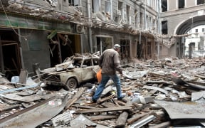 A view of a damaged building after shelling by Russian forces in Ukraine's second-biggest city of Kharkiv on March 3, 2022.