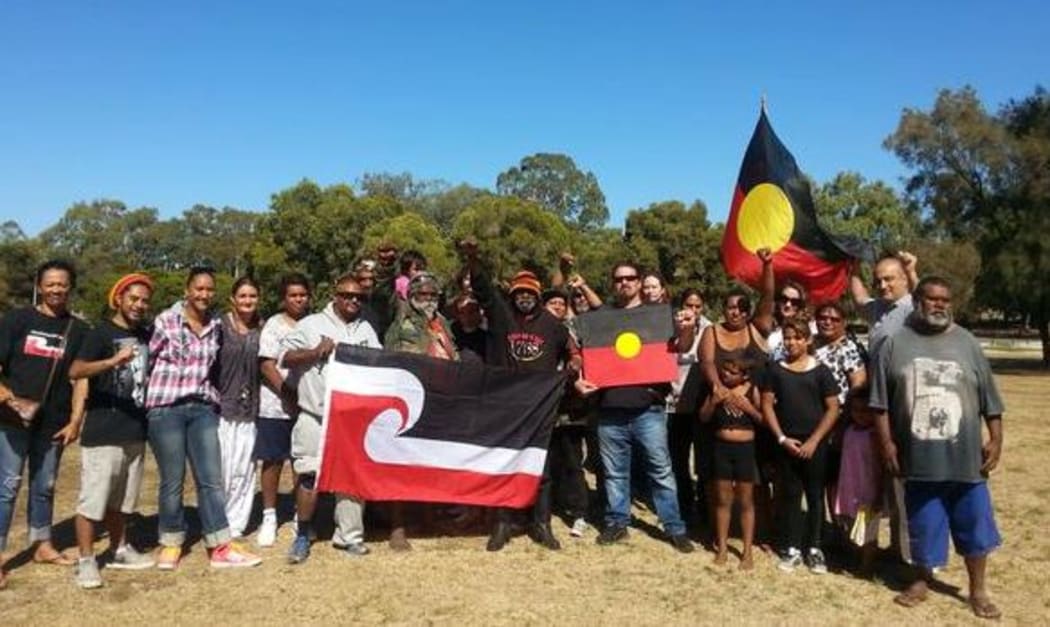 Noongar and Maori rights campaigners at Matagarup or Heirisson Island, near Perth