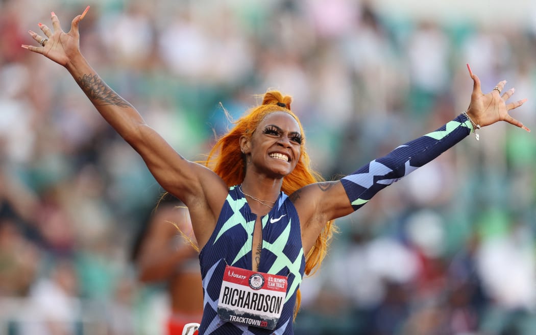 Sha'Carri Richardson celebrates winning the Women's 100 Meter final on day 2 of the 2020 U.S. Olympic Track & Field Team Trials at Hayward Field on June 19, 2021 in Eugene, Oregon.