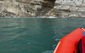 Surf Lifesaving’s Inflatable Rescue Boat was able to get in close enough to the group of tourists at Cape Kidnappers to extract them from the shore, before passing them on to Coastguard.