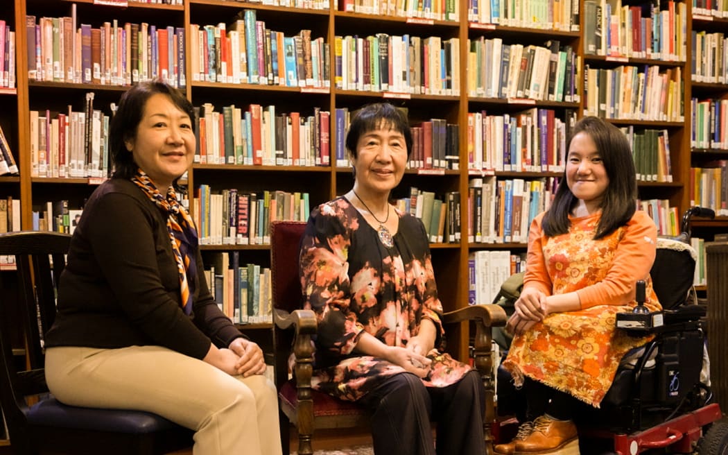 From Left: Second-generation A-bomb survivor Reiko Tashiro with her mother, Hiroshima Survivor Toshiko Tanaka and Umi Asaka who acted as an interpreter for Toshiko.