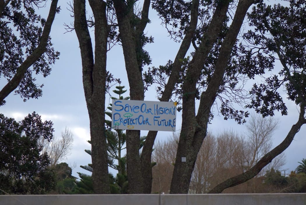 "Save our history protect our future" sign on a tree
