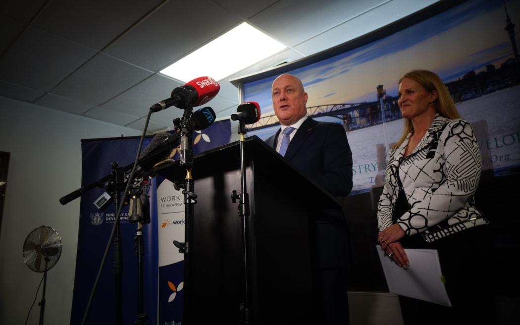 Prime Minister Christopher Luxon and Social Development Minister Louise Upston at the announcement that parents earning more than $65,000 must support their 18-19-year-old children, with the government tightening eligibility for Jobseeker benefits.