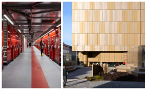 Facade of new 10 story building  in light beige colours resembling weaving plus a second picture of red  sliding storage shelves