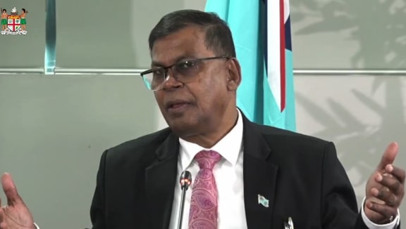 Fiji's Finance Minister Biman Prasad responds to media at the post-Budget press conference.