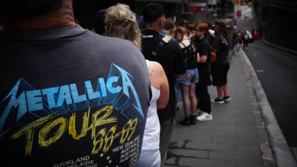 Metallica fans queue to buy merchandise in central Auckland before the band's gig at Eden Park.