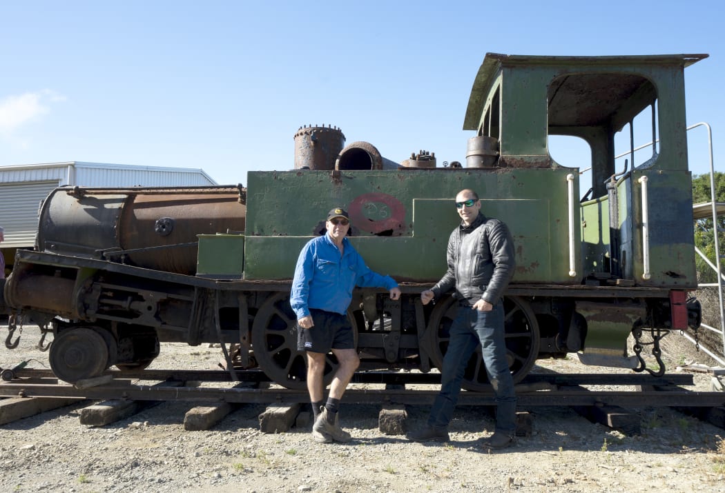 Lumsden Heritage Trust chair John Titter (left) and trustee Rob Scott with the 1880 D Class locomotive D6 at Winton.