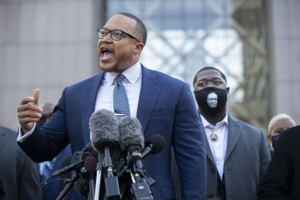 Justin Miller (left), attorney representing George Floyd's daughter, speaks during a conference in front of the Hennepin County Government Center at the start of the trial of former officer Derek Chauvin over the death of George Floyd in Minneapolis, United States on March 29, 2021.