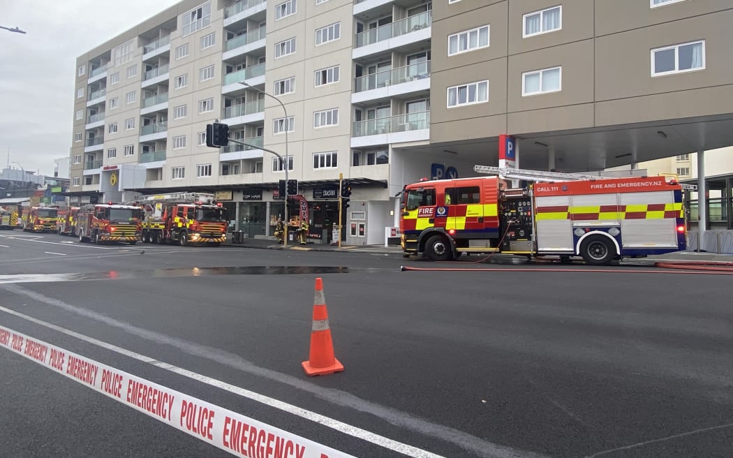 10 fire appliances were sent to Auckland's Newmarket following a rubbish fire in a car park near the train station.
