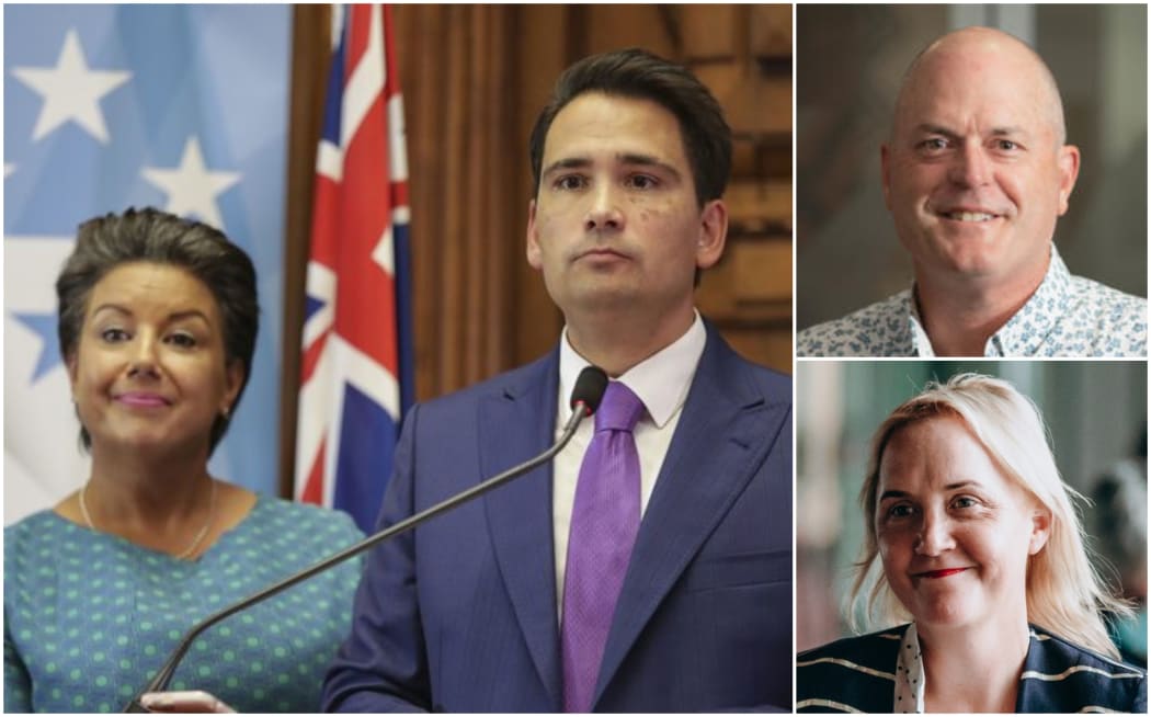Left: Paula Bennett and Simon Bridges; right top: Todd Muller; right below: Nikki Kaye.