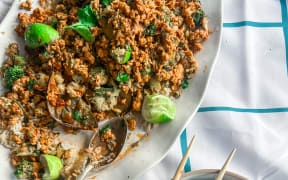 Loaded larb eggplants on brown rice