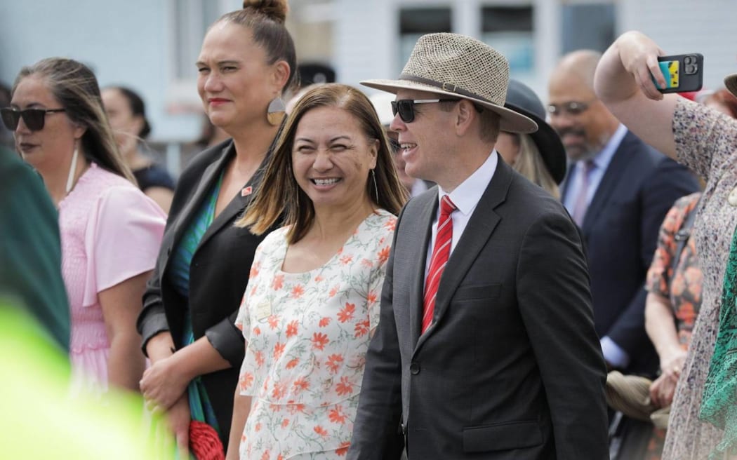 Carmel Sepuloni, Marama Davidson and Chris Hipkins at the Rātana celebrations, January 2024.