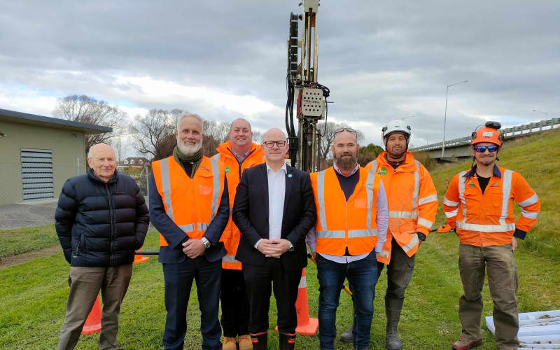 Hur1149LDRbypass: Waimakariri MP Matt Doocey (front, centre) checked in last year on progress with geotech work in preparation for the Woodend Bypass. Photo: David Hill / North Canterbury News [LDR single use only]