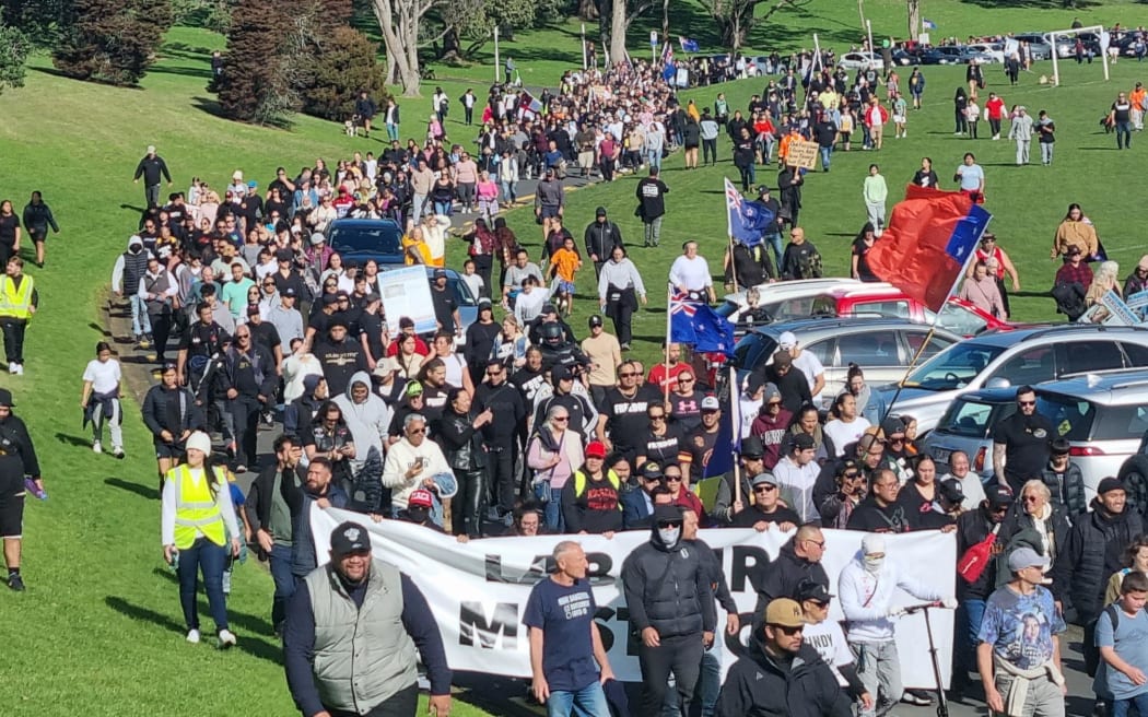 Marchers took over part of the Auckland motorway during a protest on Saturday. The march was organised by the Freedom and Rights Coalition, and protests were direct at a number of causes and authorities, including anti-vaccines, anti-lockdowns, and anti-politician, with the slogan: "They all must go".