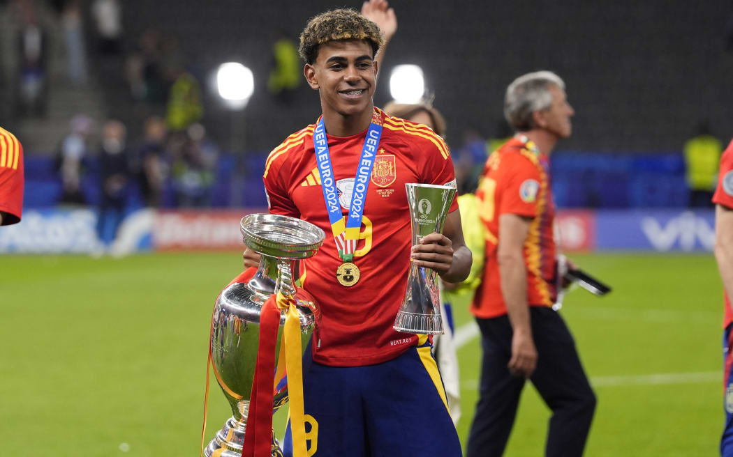 Spain's Lamine Yamal celebrates after the Euro 2024 win over England.