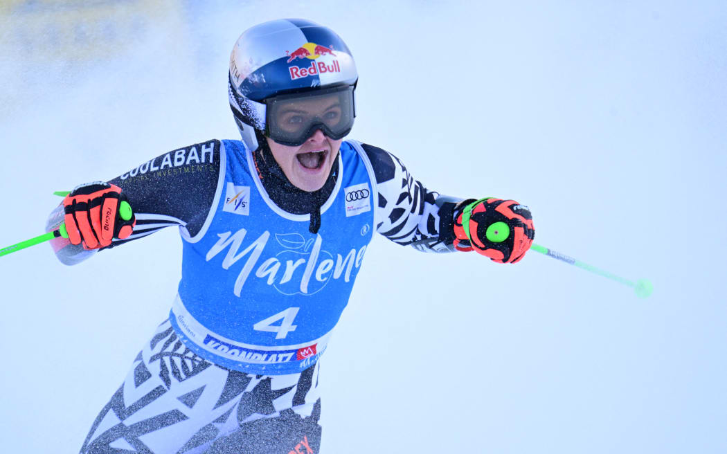 New Zealand's Alice Robinson celebrates winning the women's giant slalom at the World Cup event in Kronplatz, Plan de Corones, Italy.
