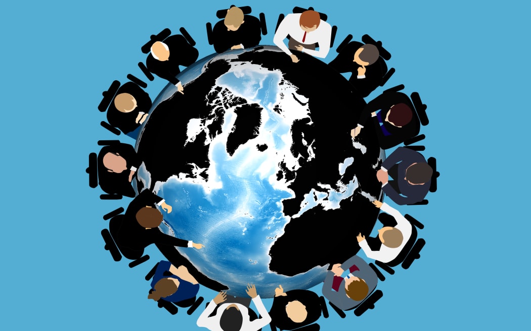 Group authority people and Businessmans- world government discussing geopolitics, International and national interests, sitting at a round table with the image of the globe. Top view illustration.