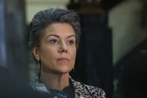 Paula Bennett listens to media questions during a press conference with Simon Bridges