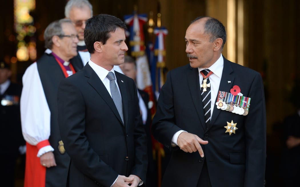French Prime Minister Manuel Valls, left, and New Zealand Governor-General Jerry Mateparae attended a ceremony at the Cathedral in Bayeux.