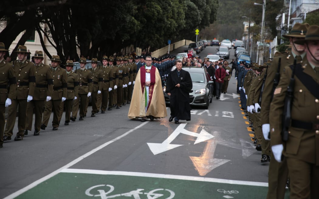 A military guard of honour lined the street to the Wellington Cathedral of St Paul on Friday.
