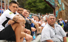 AUCKLAND, NEW ZEALAND - FEBRUARY 14: Penrith Panthers player Dean Whare (L) watches the proceedings with Auckland Councillor Alf Filipaina (R) during the Auckland Nines Civic Reception at Aotea Centre on February 14, 2014 in Auckland, New Zealand.
