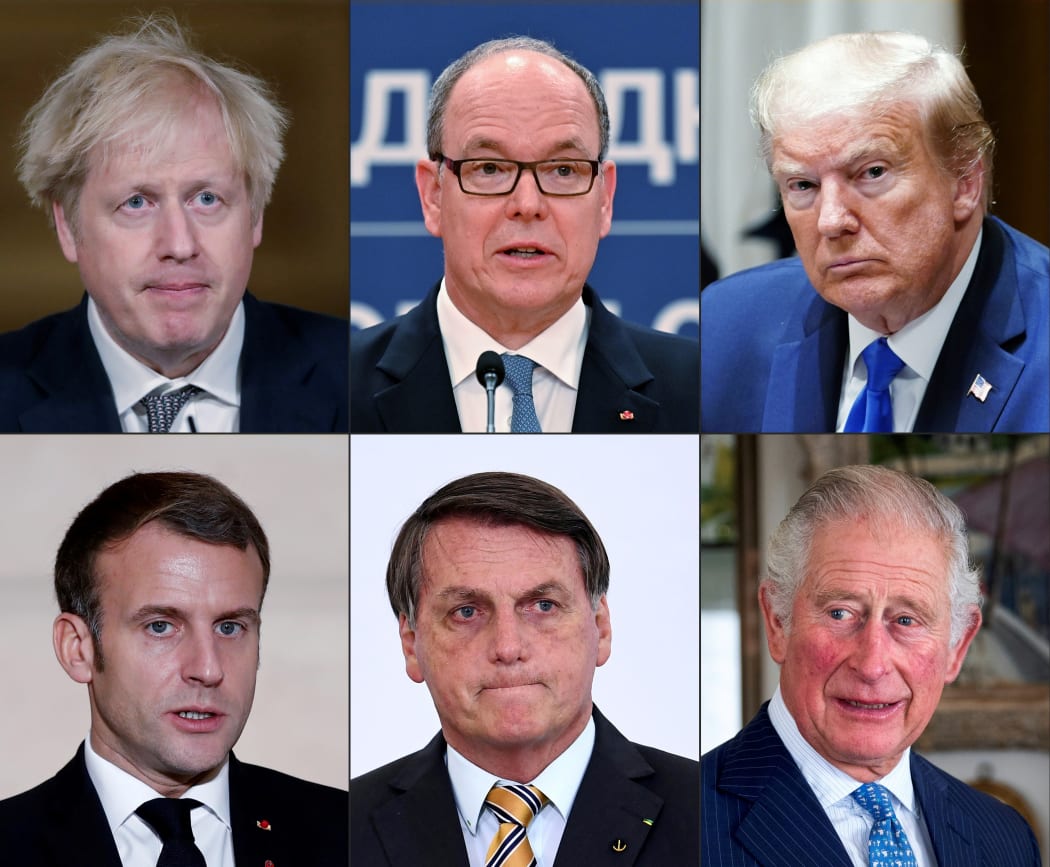 From left to right, top to bottom, UK PM Boris Johnson, Prince Albert II of Monaco, US President Donald Trump, French President Emmanuel Macron, Brazilian President Jair Bolsonaro, Britain's Prince Charles.