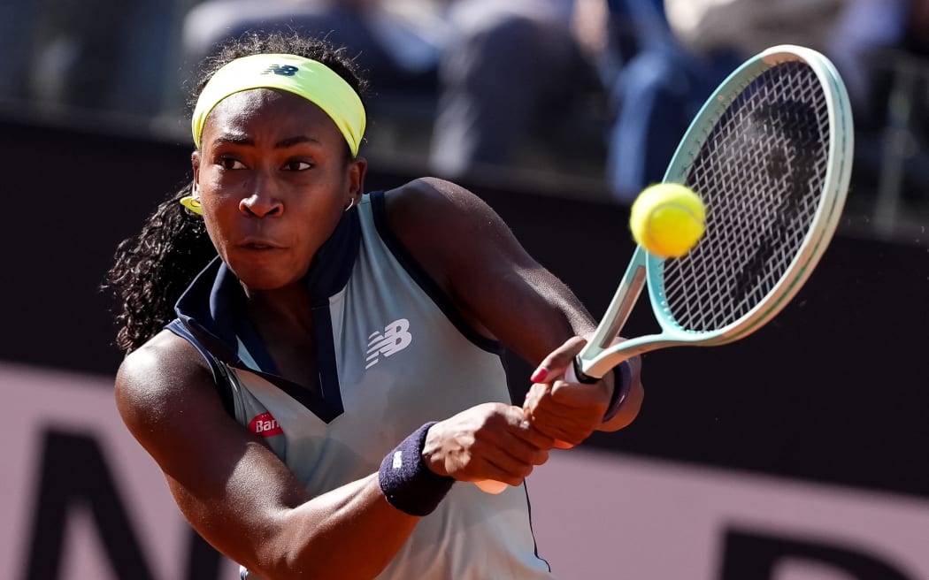 Coco Gauff of USA in action during the Women’s Singles semi-final match between Iga Swiatek and Coco Gauff on Day Eleven of Internazionali BNL D&#039;Italia 2024 at Foro Italico on May 16, 2024 in Rome, Italy. (Photo by Giuseppe Maffia/NurPhoto) (Photo by Giuseppe Maffia / NurPhoto / NurPhoto via AFP)