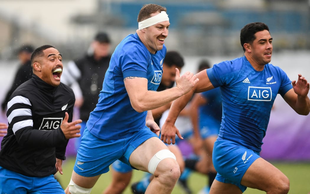 Aaron Smith, Brodie Retallick and Anton Lienert-Brown at All Blacks training.
