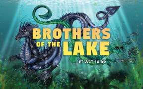 "Brothers of the Lake" by Lucy Twigg. Two taniwha brothers--one strong and stern, the other smaller and smiling--swim under the water.