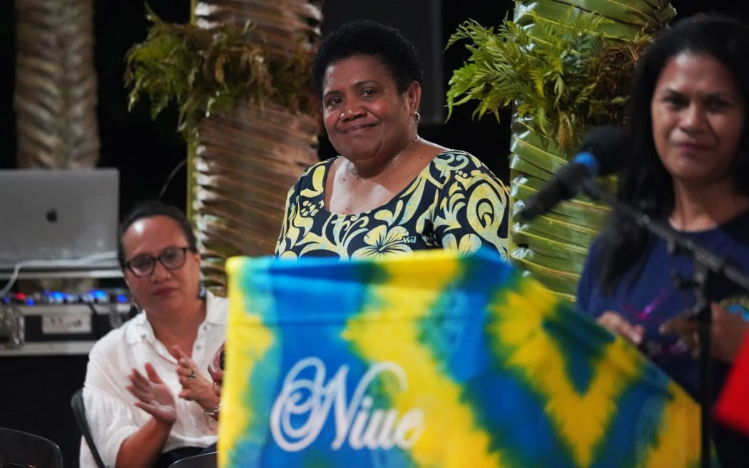 Closing night of the 2024 PINA media summit on Niue - Esther Pavihi (sitting) the Director for BCN TV Niue, Makereta Komai, Manager and Editor in Chief Pacific Islands News Association (PINA), Leilani Ngirturong Reklai Editor of the Island Times Palau.