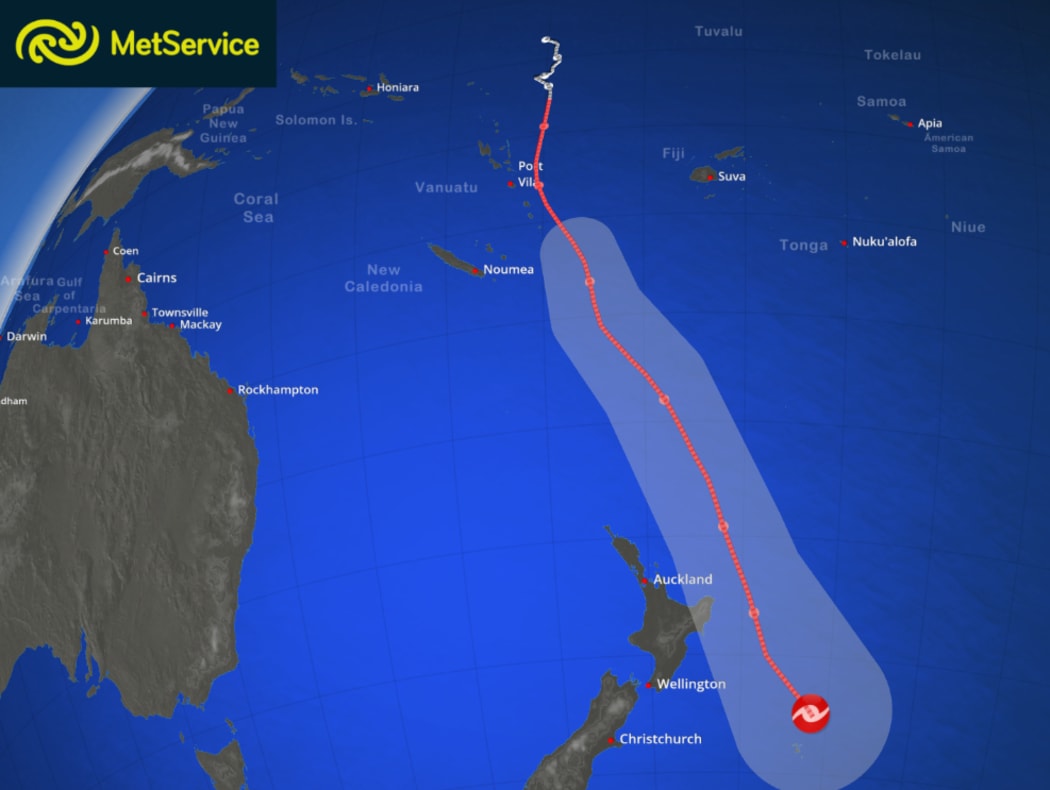 The forecast path of Cyclone Pam from MetService. The cyclone's track is shown in red and the surrounding grey area gives an idea of its possible spread.