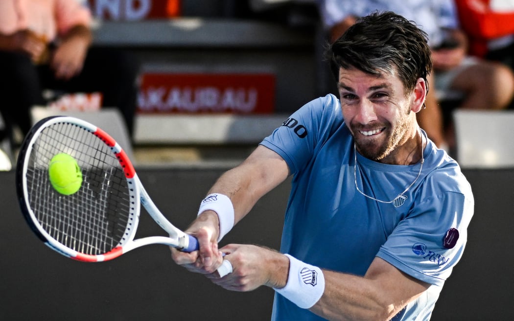 Cameron Norrie of Great Britain plays a shot during his singles match at the ASB Classic tennis tournament in Auckland.