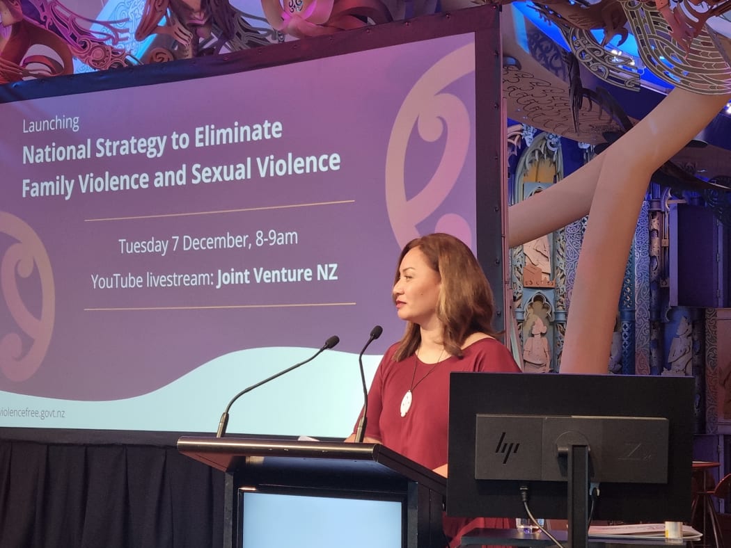 Minister for the Prevention of Family Violence Marama Davidson at the launch of the country's first national strategy for eliminating family violence, Te Aorerekura.