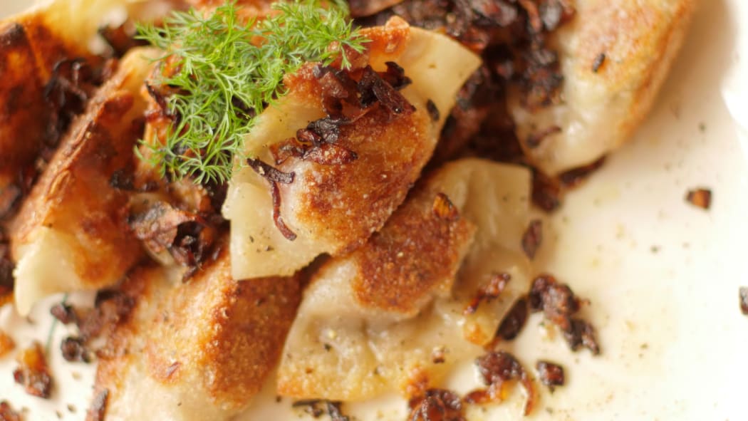 Kumara, sauerkraut and mushroom pierogi