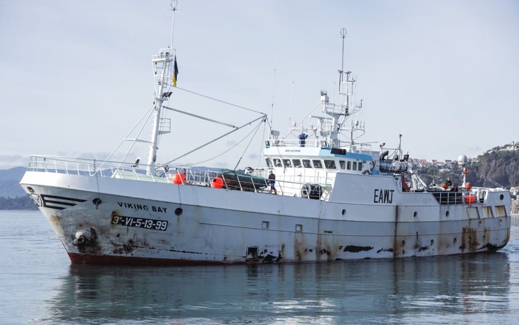 The Viking Bay deep sea fishing vessel with two Covid-postive crew aboard makes its way into Queen's Wharf, Wellington.