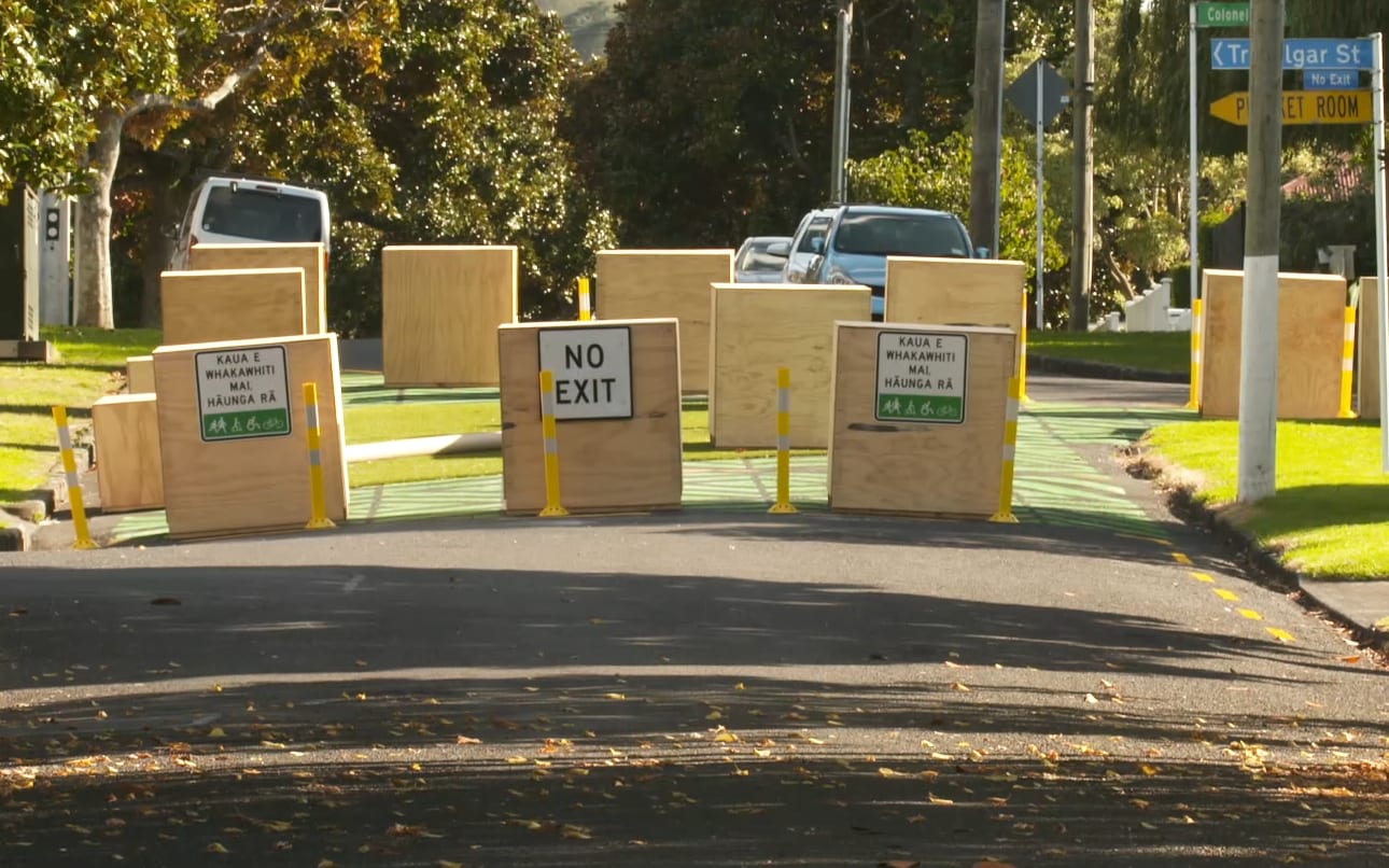 Plywood roadblocks have turned thoroughfares into cul de sacs in the Onehunga low traffic area trial.